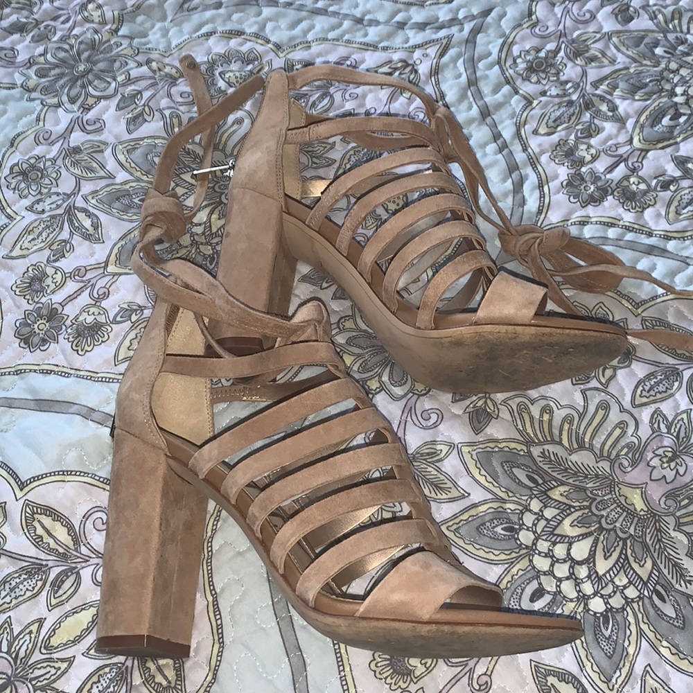 Sam Edelman Yarina Tan Lace Up Block Heel Pointed Toe Suede Heels size 8.5